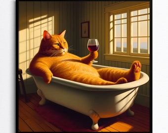 Fat Cat Cocktail Print | Gift for Cat Mom | Bathroom Wall Art | Cat Drinking Wine in Bathtub Poster  | Funny Cat Portraits