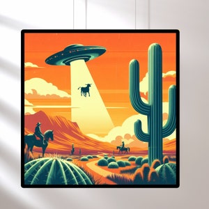 UFO Art, Retro Sci-Fi Art, Vintage 1950's Inspired UFO Sighting Space Cowboy Boyfriend Gift cow and cactus