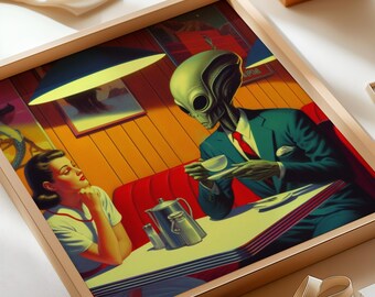 Retro Sci-Fi Alien Diner Print: Mid-Century Modern Wall Art