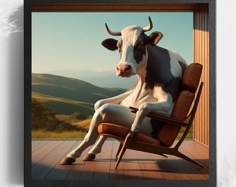 Cow Art Prints - Cows in Mid Century Chairs - Trendy Western Wall Art