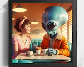 Alien Themed Wall Art, Trendy Prints, Alien Poster of First Date, Space Decor