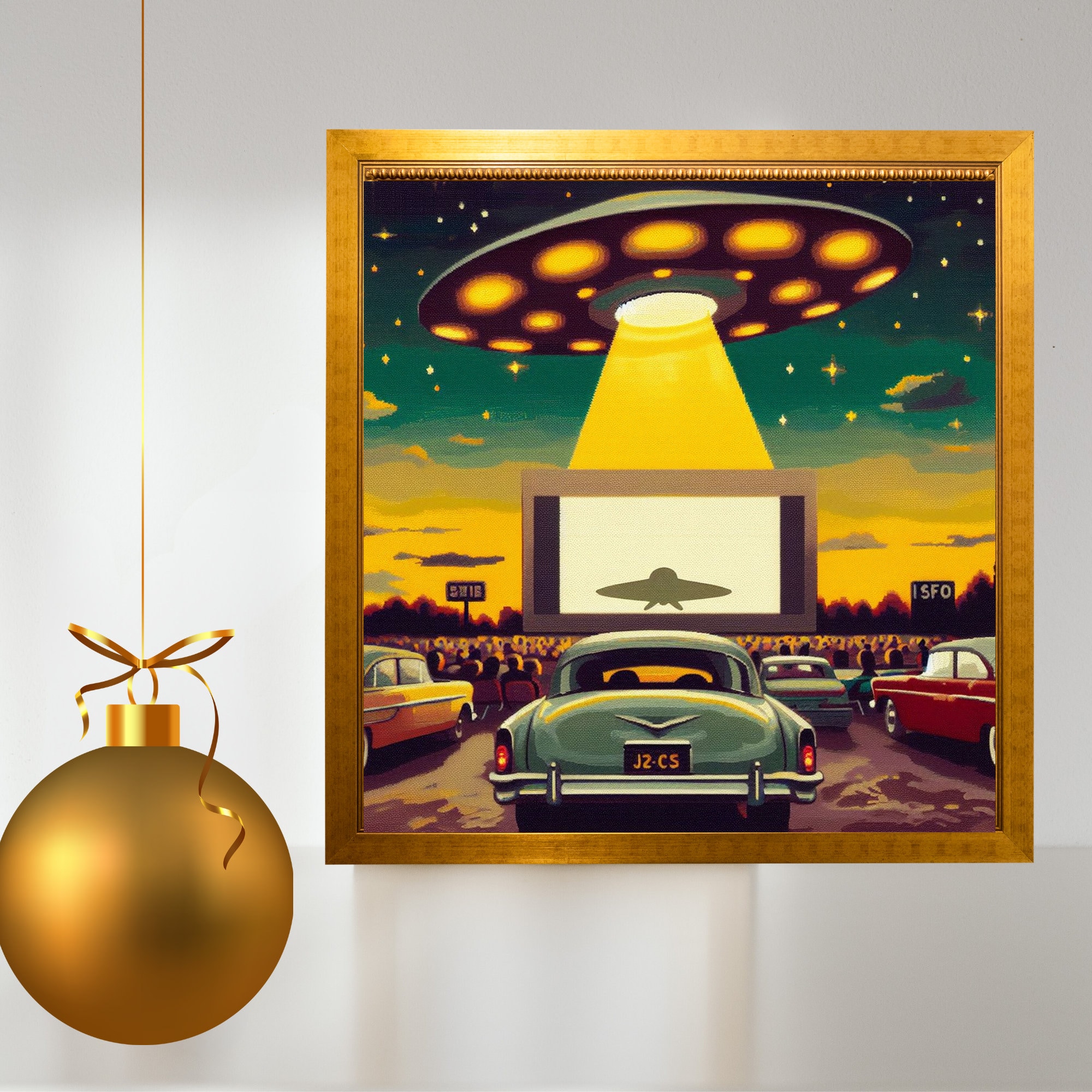 UFO Alien Art, Vintage Inspired 1950's Drive-in With Giant UFO
