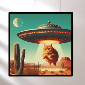 Cat Alien Abductions Trendy Cat Art Prints Mid Century Wall Art, Vintage 1960's Inspired UFO Sighting Boyfriend Gift orange cat abduction