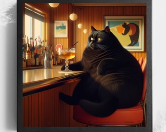 Fat Cat Cocktail Print | Retro Bar Cart Aesthetic Decor | Cute Apartment Wall Art