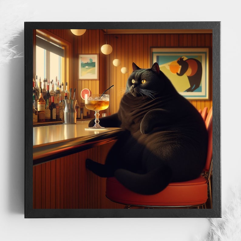 Fat Cat Cocktail Print Retro Bar Cart Aesthetic Decor Cute Apartment Wall Art fat cat