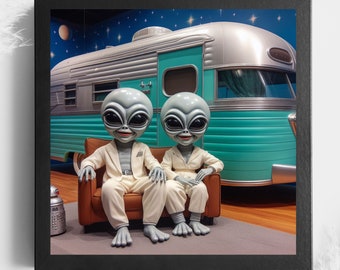 Funny Alien Couple Art Prints | Retro Sci-Fi Art | UFO Gifts | Alien Gifts | Aliens in Vintage Campers