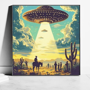 UFO Art, Retro Sci-Fi Art, Vintage 1950's Inspired UFO Sighting Space Cowboy Boyfriend Gift desert