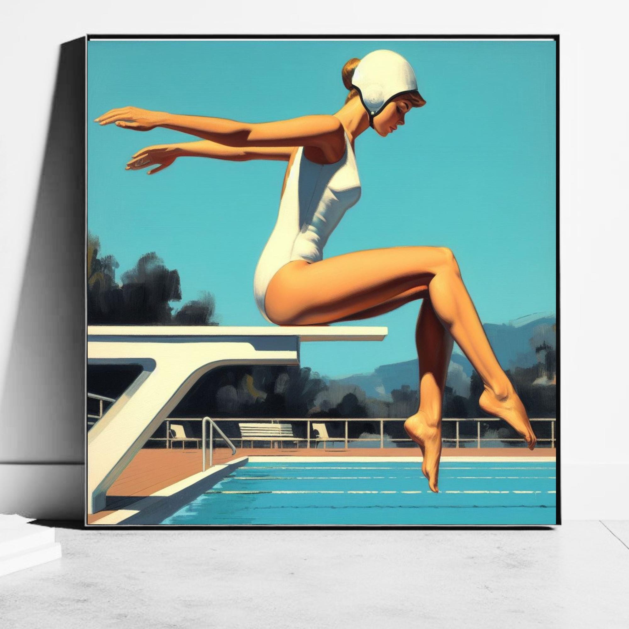 Retro 1960s-Inspired Vintage Swim Art Print – Woman on Diving Board in White Swimsuit – Ideal for Coastal Interior Design Projects