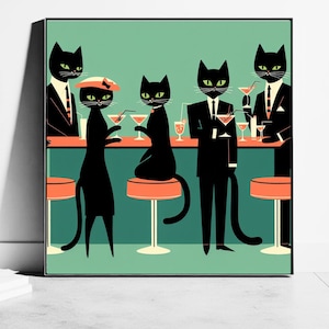 Mid Century Black Cats Cocktail Art Print, Retro Bar Decor image 4