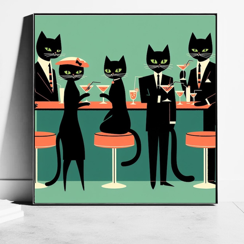 Cats Cocktail Print, Black Cats Day Drinking, Retro Bar Cart Cocktail Poster, Cute Apartment Wall Art bar cats