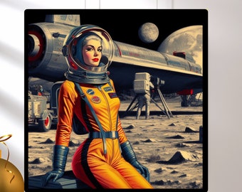 Retro Astronaut Woman Poster - Astro Girl Next Door Collection, Space Art Print, Vintage Sci-Fi Decor - Unique Holiday Gifts