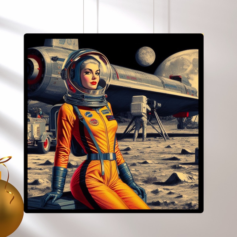 Astro Girl Next Door Collection, Retro Astronaut Woman, Physical Print, 1950s Space Art Print, Vintage Sci-Fi Decor Unique Gifts for Him astrogirl orange