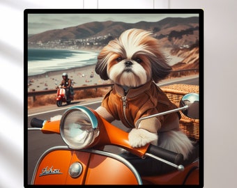 Shih Tzu Art Print - Dog Riding Vintage Vespa - Funny Pet Lover Gift