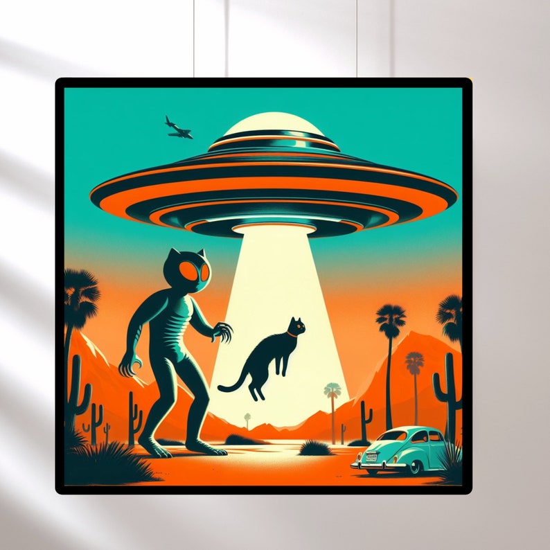 Cat Abduction Trendy Western Desert Wall Art, Vintage 1950's Inspired UFO Sighting Boyfriend Gift cat alien