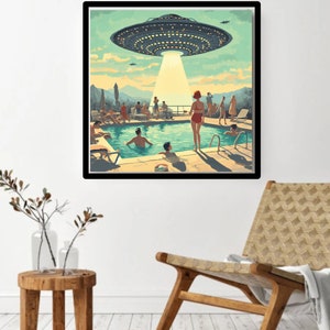 May include: A retro-style illustration of a UFO hovering over a swimming pool with people relaxing and swimming. The UFO is casting a beam of light down on the pool. The scene is set against a blue sky with clouds.