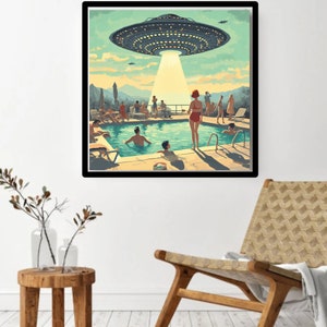 Vintage 1950's Inspired UFO Art, Retro Futuristic, MCM Wall Art, Atomic Age Poster, UFO Gifts, Poolside Sighting immagine 2