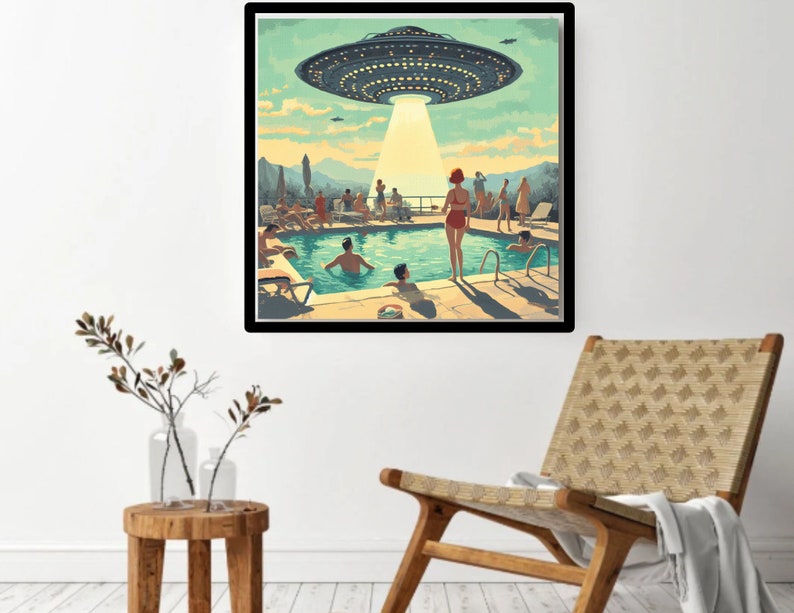 May include: A retro-style illustration of a UFO hovering over a swimming pool with people relaxing and swimming. The UFO is casting a beam of light down on the pool. The scene is set against a blue sky with clouds.