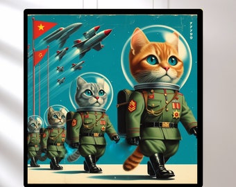 Retro Futurism Print of Kitten Army, Funny Cat Poster, Space Age Art, Atomic Era Decor