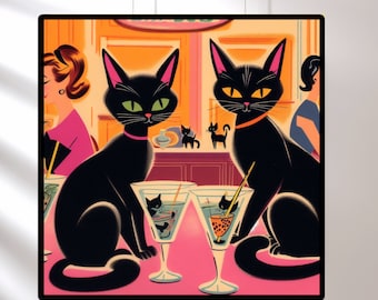 Funny Black Cat Cocktail Art Print, Retro Bar Decor