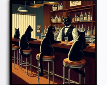 Funny Black Cats at a Bar Poster, Retro Cocktail Art Print, Vintage Bar Cart Decor