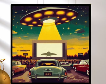 Vintage Inspired 1950's Drive-In with Giant UFO - Sci-Fi Wall Art - Best Holiday Gifts - Coming Attractions