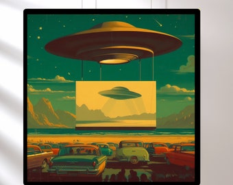 May include: A retro-style illustration of a drive-in movie theater with a flying saucer hovering above the screen. The screen shows a smaller flying saucer. Cars are parked in front of the screen, and people are sitting in the cars watching the movie.