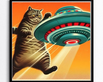 Funny Cat Art Print, UFO Art Cat Abduction, Trending Wall Art, Boyfriend Gift