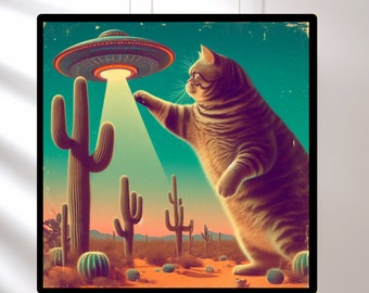 Cat Abduction Cat UFO Poster, Mid Century Cat Art, Retro Futuristic UFO Sighting. Funny Cat Print
