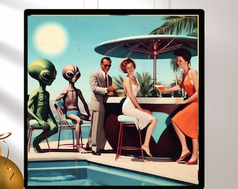 Vintage 1960's Inspired Alien Cocktail Party, Cocktail Print, Trendy Palm Springs Mid Century Wall Art