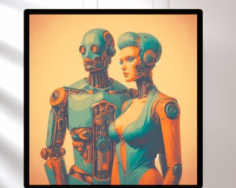 Retro Futuristic Android Couple Art Prints, Trendy Robot Wall Art, Vintage Sci-Fi Decor