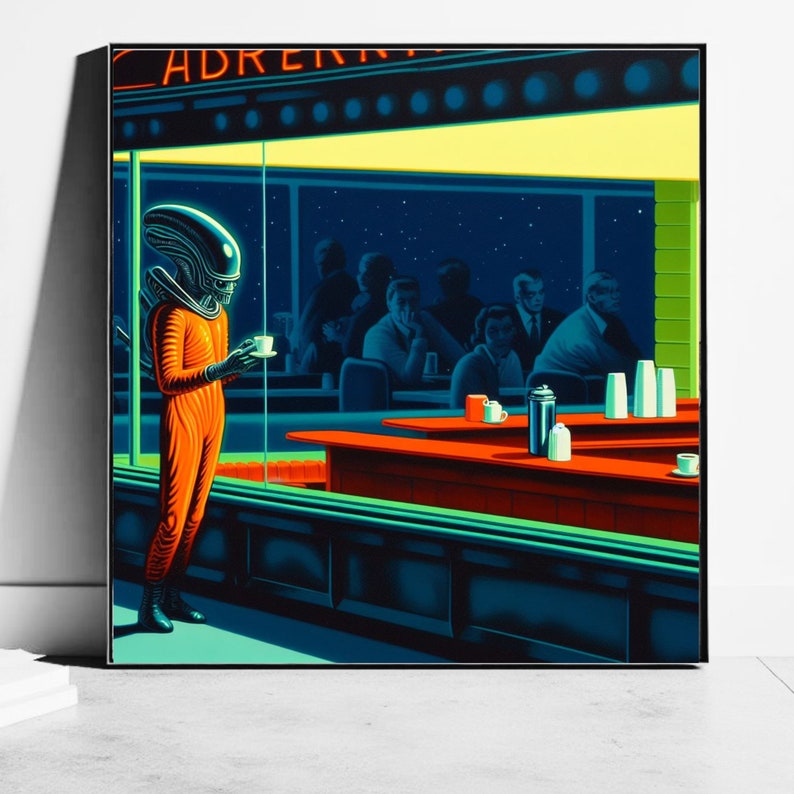 Aliens in Diners Getting Coffee I Dark Moody Wall Art Mid Century Modern I Handmade Retro Diner Art Prints image 2