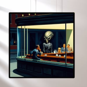 Aliens in Diners Getting Coffee I Dark Moody Wall Art Mid Century Modern I Handmade Retro Diner Art Prints image 4