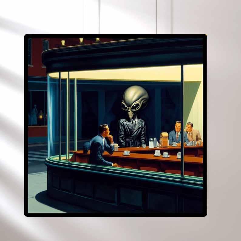 Aliens in Diners Getting Coffee I Dark Moody Wall Art Mid Century Modern I Handmade Retro Diner Art Prints image 4