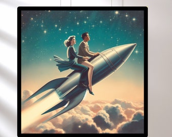 Vintage 1950's Inspired Sci-Fi Wall Art, She Wears the Pants, Surreal Art of Retro Couple Riding a Rocket