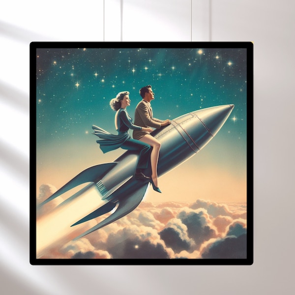 Vintage 1950's Inspired Sci-Fi Wall Art, She Wears the Pants, Surreal Art of Retro Couple Riding a Rocket