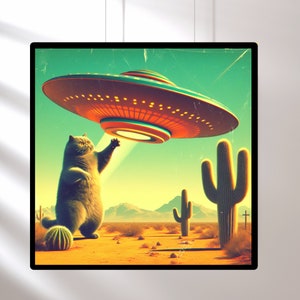 Cat Abduction Trendy Western Desert Wall Art, Vintage 1950's Inspired UFO Sighting Boyfriend Gift image 1