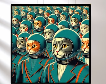 retro futurism print, funny cat art, space cats poster, trendy wall art, cat dad gift