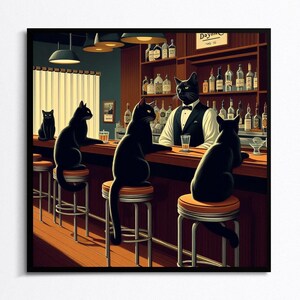 Arte para beber en el Día de los Gatos Negros, póster de cócteles de gatos, arte de gatos de mediados de siglo, decoración de bar retro, regalos para el hogar: los mejores regalos navideños