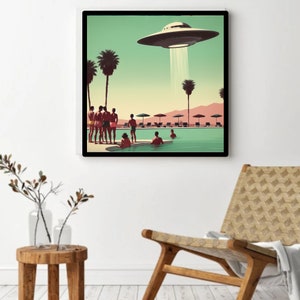 May include: A retro-style illustration of a flying saucer hovering over a swimming pool with people in it. The pool is surrounded by palm trees and lounge chairs. The scene is set against a green and blue sky.
