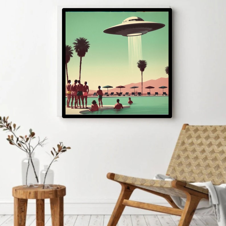 Vintage 1960's Inspired UFO Art, Mid Century Modern Art, MCM Wall Art, Palm Springs Poster, UFO Gifts, Poolside Sighting image 2
