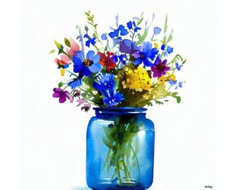 Wildflower Wall Art, Floral Bouquet, Wildflower Watercolor Painting, Blue Botanical Print Farmhouse Wall Art