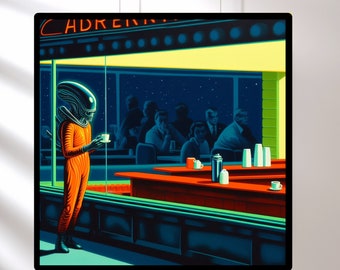 Aliens in Diners Getting Coffee I Dark Moody Wall Art | Mid Century Modern I Handmade Retro Diner Art Prints