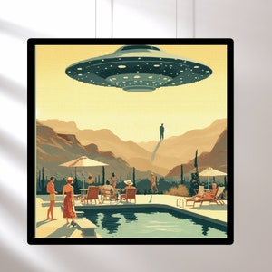 May include: A retro-style illustration of a flying saucer hovering over a swimming pool party. People in vintage swimwear relax by the pool, while a figure in a suit stands on a hill in the distance.