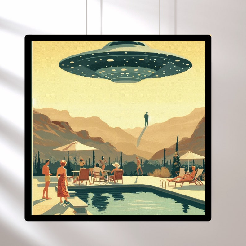 Vintage 1950's Inspired UFO Art, Retro Futuristic, MCM Wall Art, Atomic Age Poster, UFO Gifts, Poolside Sighting immagine 4