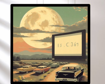 Vintage Inspired Drive In Theater Full Moon Poster, Retro Futurism Art, Giclee Art Print