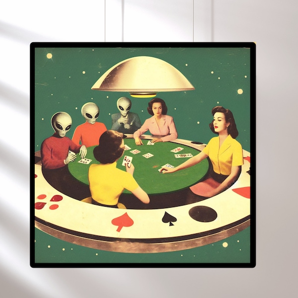 Aliens Playing Poker, Retro Space 1960s Poker Art Prints, Poker Gifts for Him, Unique Gifts for Players