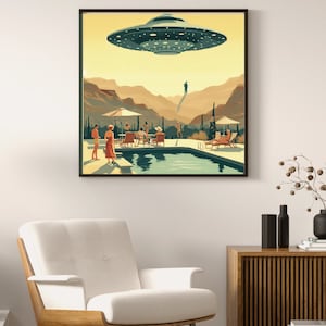 Vintage 1960's Inspired UFO Art, Mid Century Modern Art, MCM Wall Art, Palm Springs Poster, UFO Gifts, Poolside Sighting image 8