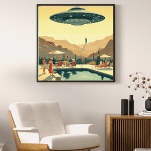 May include: A retro-style illustration of a UFO hovering over a swimming pool party. The UFO is gray and has a starry pattern. The pool is surrounded by palm trees and mountains. People are relaxing by the pool, while one person is being lifted up by a beam of light from the UFO.
