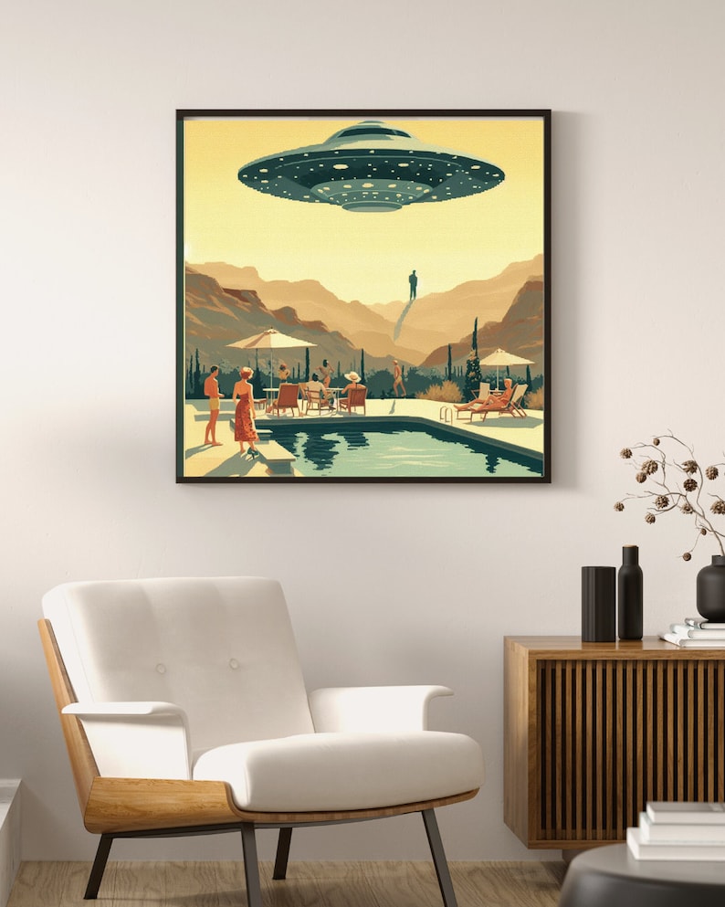 May include: A retro-style illustration of a UFO hovering over a swimming pool party. The UFO is gray and has a starry pattern. The pool is surrounded by palm trees and mountains. People are relaxing by the pool, while one person is being lifted up by a beam of light from the UFO.