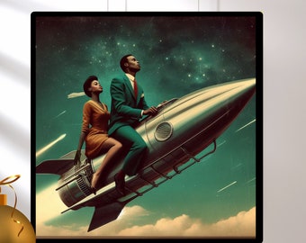 Space Travel Poster, Space Art Gift  Office Wall Art, Home Decor, African American Couple Riding A Rocket, Retro Space Prints,